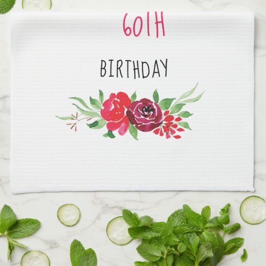  roze Waterverf Roos Happy Birthday - tekst - Theedoek (Gevouwen)