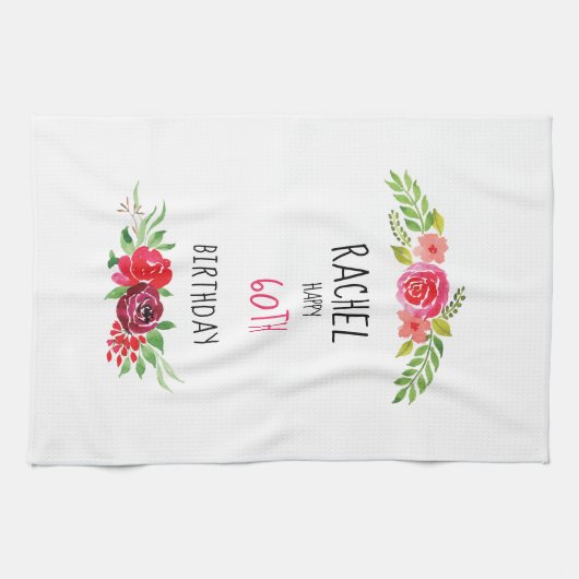  roze Waterverf Roos Happy Birthday - tekst - Theedoek (Horizontaal)