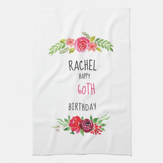  roze Waterverf Roos Happy Birthday - tekst - Theedoek (Verticaal)