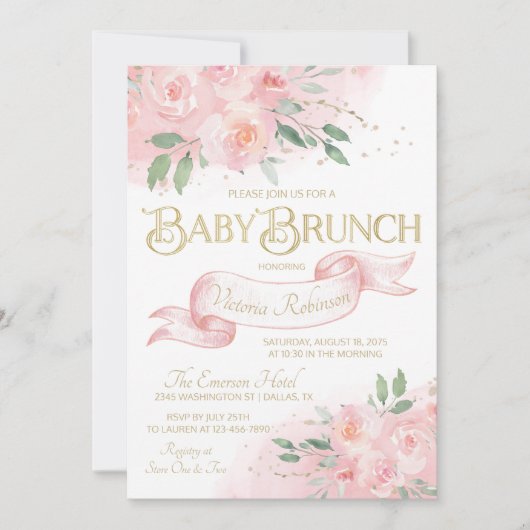 Roze Waterverf Roos Meisje Baby shower Brunch Kaart (Voorkant)
