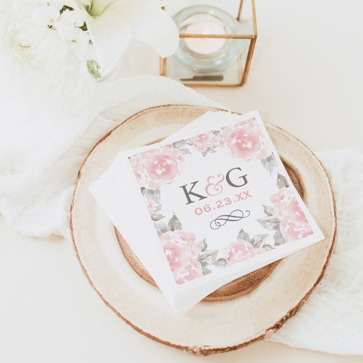 Roze waterverf roos monogram bruiloft servetten