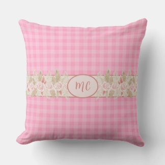 Roze Waterverf Roos Monogram Gingham Girly Pset Buitenkussen