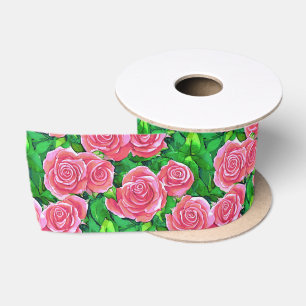 Roze Waterverf Roos Patroon Satijnen Lint