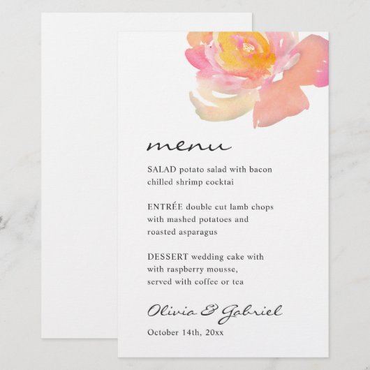 Roze waterverf roos. Stijlvol modern trouwmenu (Voorkant / Achterkant)