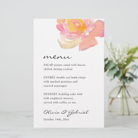 Roze waterverf roos. Stijlvol modern trouwmenu (Staand voorkant)