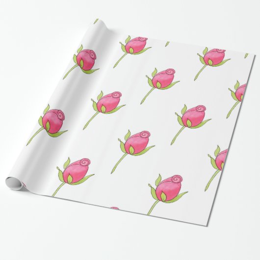 Roze Waterverf Rosebud Pattern Cadeaupapier (Uitgerold)