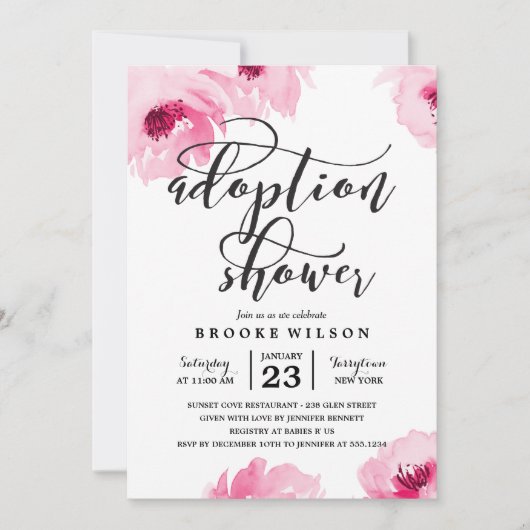 Roze Waterverf Rozen Aanneming Baby shower Kaart (Voorkant)