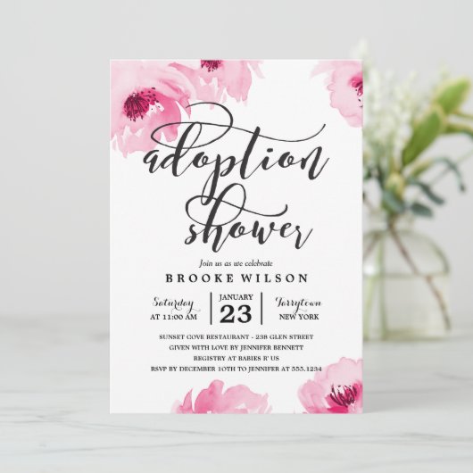 Roze Waterverf Rozen Aanneming Baby shower Kaart (Staand voorkant)