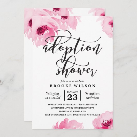 Roze Waterverf Rozen Aanneming Baby shower Kaart (Voorkant / Achterkant)