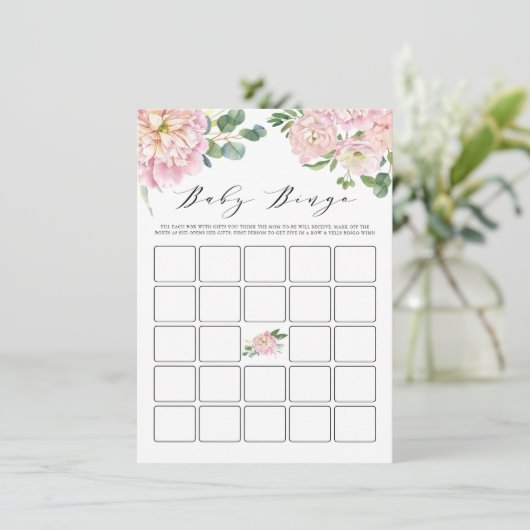 Roze Waterverf Rozen Baby shower Bingo Game Informatiekaartje (Staand voorkant)
