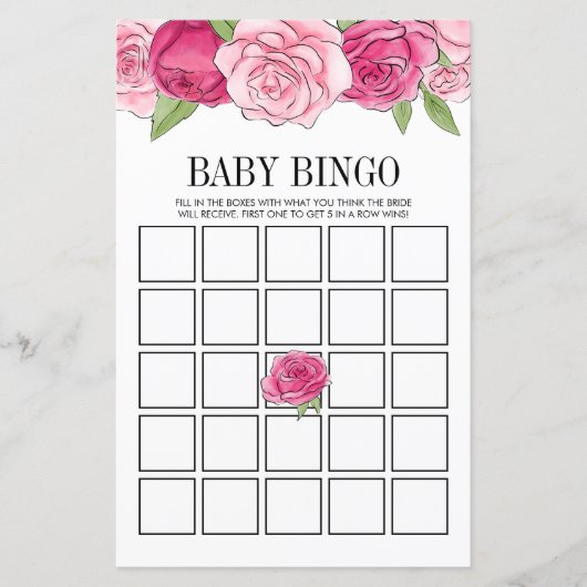 Roze Waterverf Rozen Baby shower Bingo Kaart (Voorkant)