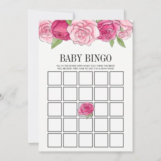 Roze Waterverf Rozen Baby shower Bingo Kaart (Voorkant)