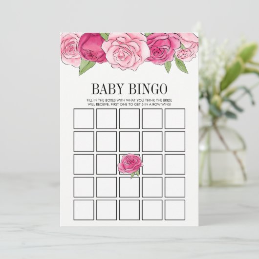 Roze Waterverf Rozen Baby shower Bingo Kaart (Staand voorkant)