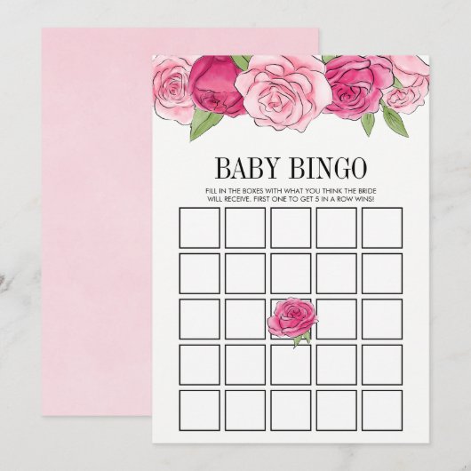 Roze Waterverf Rozen Baby shower Bingo Kaart (Voorkant / Achterkant)