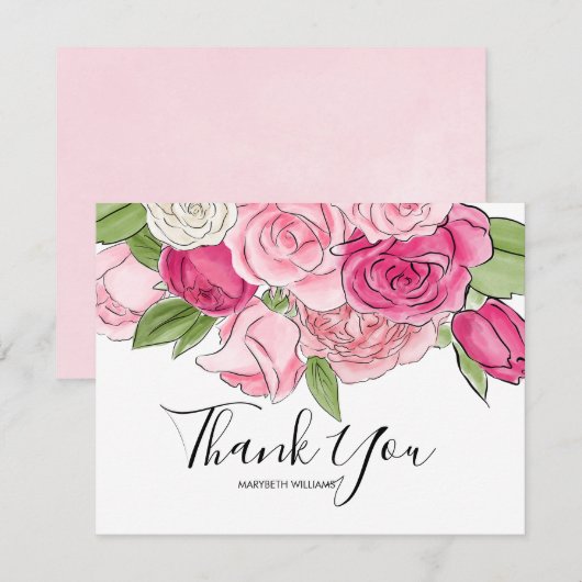Roze Waterverf Rozen Baby shower Hartelijk dank Bedankkaart (Voorkant / Achterkant)