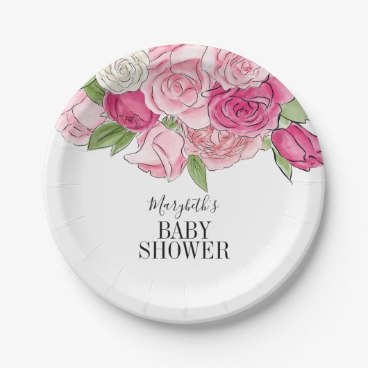 Roze Waterverf Rozen Baby shower Papieren Bordje (Voorkant)