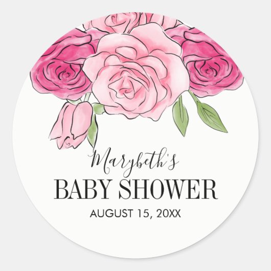 Roze Waterverf Rozen Baby shower Ronde Sticker (Voorkant)