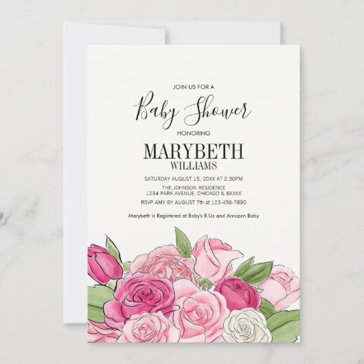 Roze Waterverf Rozen Baby shower Uitnodiging (Voorkant)