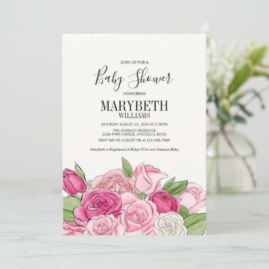 Roze Waterverf Rozen Baby shower Uitnodiging (Staand voorkant)