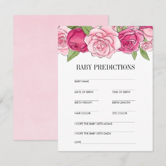 Roze Waterverf Rozen Baby shower voorspellingen ka Aankondigingskaart (Voorkant / Achterkant)