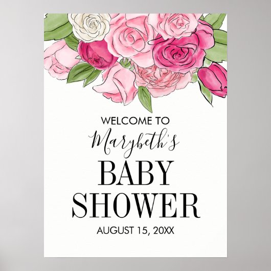 Roze Waterverf Rozen Baby shower Welkome Poster (Voorkant)