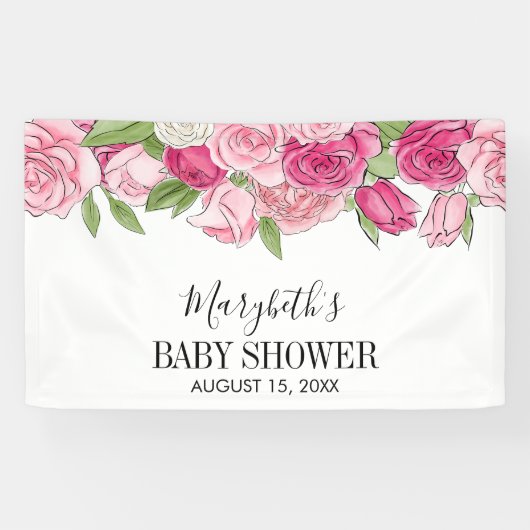 Roze Waterverf Rozen Baby shower Welkomstbanner Spandoek (Horizontaal)