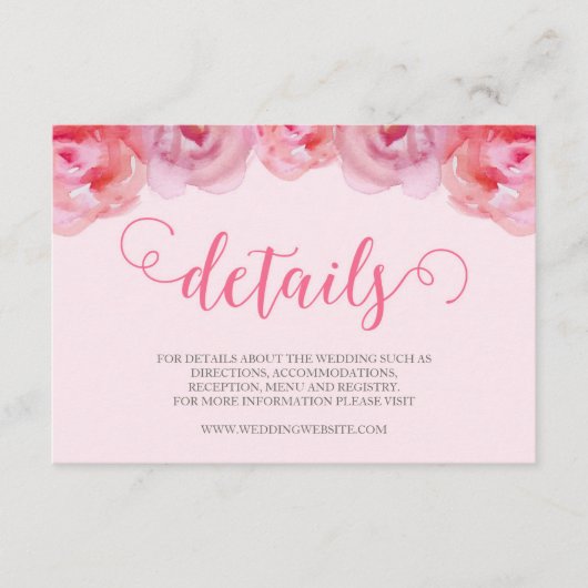 Roze Waterverf Rozen Bloemen bruiloft Details Informatiekaartje (Voorkant)