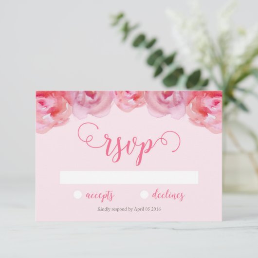  Roze Waterverf Rozen Bloemen Bruiloft RSVP (Staand voorkant)