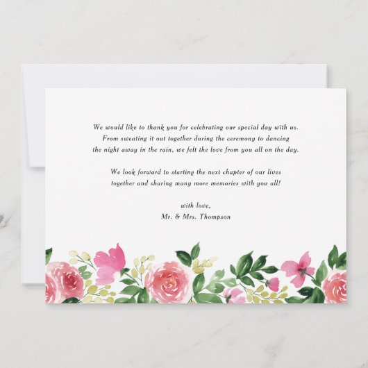 Roze Waterverf Rozen Bloemen Lijst bruiloft Bedankkaart (Achterkant)