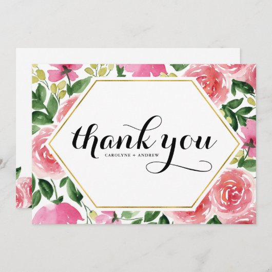 Roze Waterverf Rozen Bloemen Lijst bruiloft Bedankkaart (Voorkant / Achterkant)