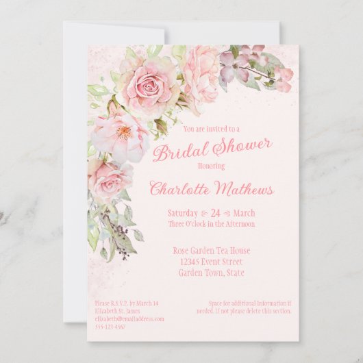 Roze Waterverf Rozen bruids doucheuitnodiging Kaart (Voorkant)