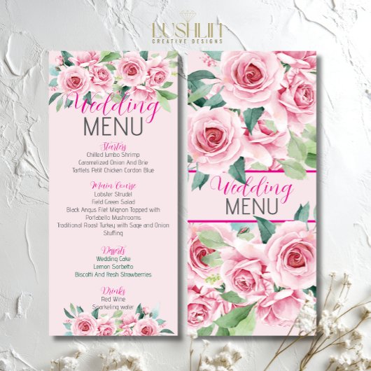 Roze Waterverf Rozen bruiloft Flat Menu