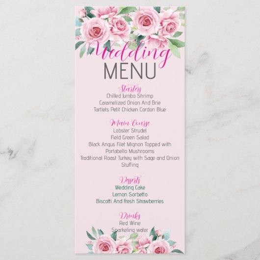 Roze Waterverf Rozen bruiloft Flat Menu (Voorkant)
