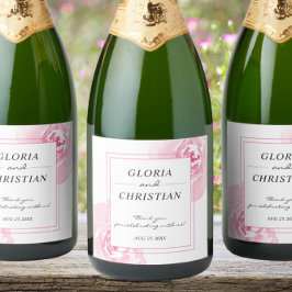 Roze Waterverf Rozen bruiloft Sparkling Wijnetiket