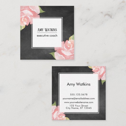 Roze Waterverf Rozen Chalkboard Achtergrond Vierkante Visitekaartje (Voorkant / Achterkant)