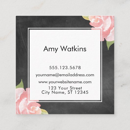 Roze Waterverf Rozen Chalkboard Achtergrond Vierkante Visitekaartje (Achterkant)