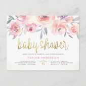 Roze Waterverf Rozen Chic Gold Script Baby shower Uitnodiging Briefkaart (Voorkant)