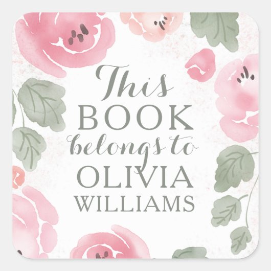 Roze Waterverf Rozen Dit boek behoort tot de Stick Vierkante Sticker (Voorkant)