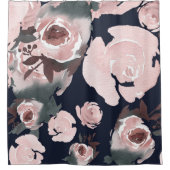Roze Waterverf Rozen Donkere marineblauw Douchegordijn (Voorkant)