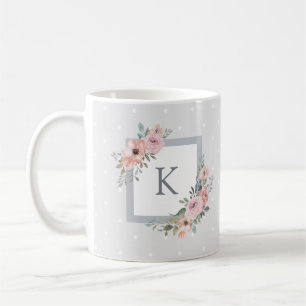 Roze Waterverf Rozen en Grijze Stippen   Monogram Koffiemok
