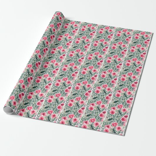 roze waterverf rozen en witte strepen patroon cadeaupapier (Uitgerold)