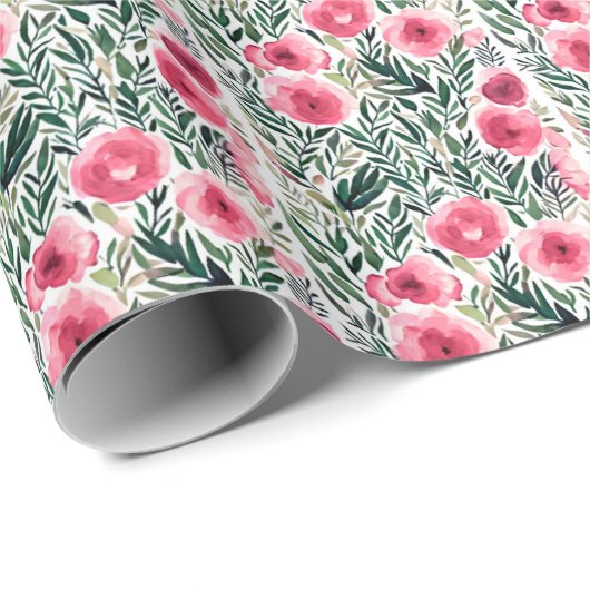 roze waterverf rozen en witte strepen patroon cadeaupapier (Rol Hoek)