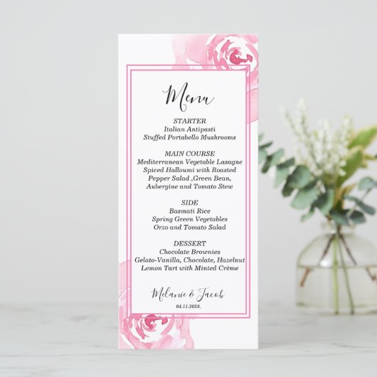 Roze Waterverf Rozen Flat Menu Kaart (Staand voorkant)