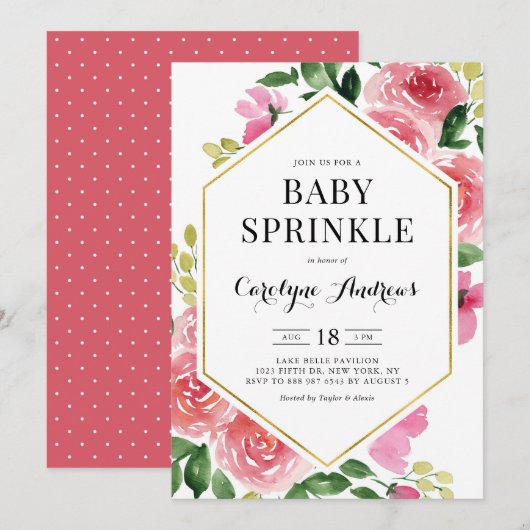 Roze Waterverf Rozen Floral Lijst Baby Sprinkle Kaart (Voorkant / Achterkant)