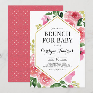 Roze Waterverf Rozen Floral Lijst Brunch voor Baby Kaart