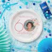 Roze Waterverf Rozen Foto Bloemen 60ste Verjaardag Papieren Bordje (Feest)