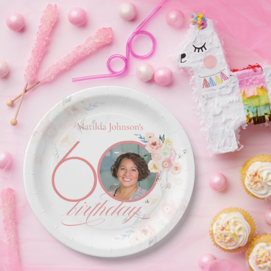 Roze Waterverf Rozen Foto Bloemen 60ste Verjaardag Papieren Bordje (Feest)