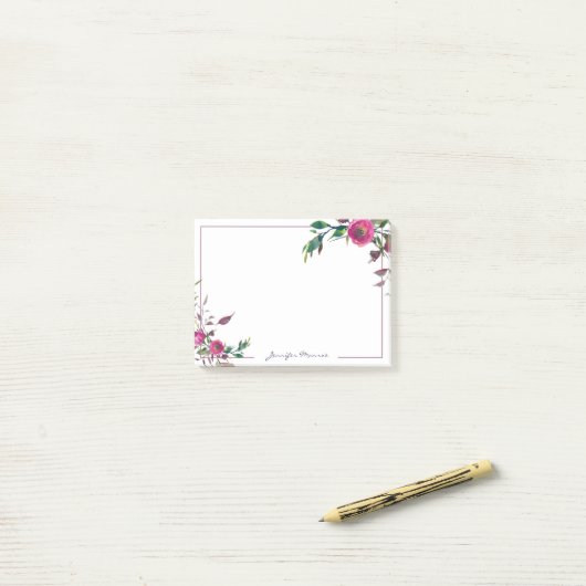 Roze waterverf rozen gepersonaliseerd post-it® notes (Op bureau)