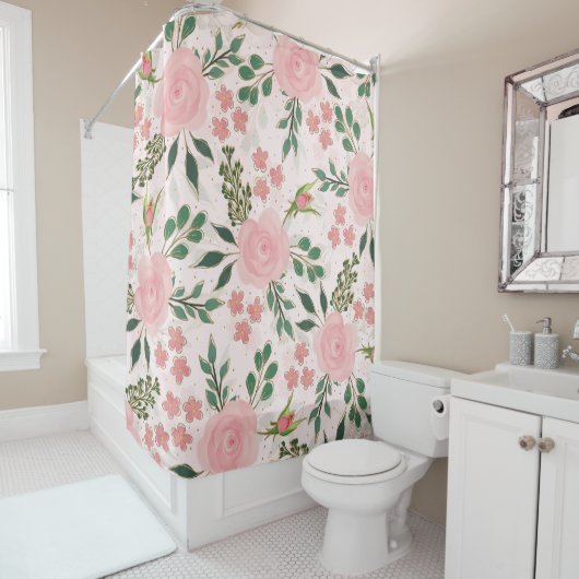 Roze Waterverf Rozen Gold Outline Design Douchegordijn (In situ)