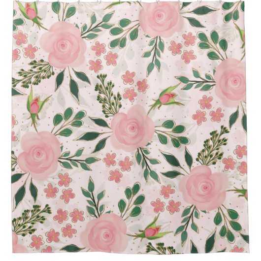 Roze Waterverf Rozen Gold Outline Design Douchegordijn (Voorkant)
